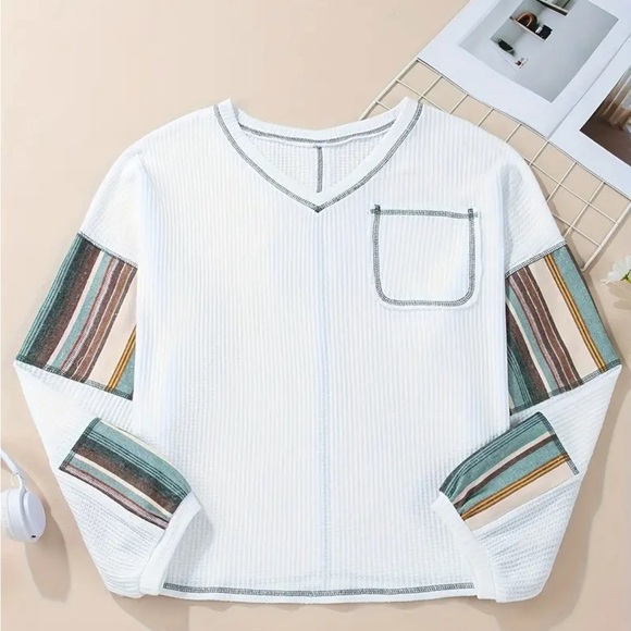 White & Green Striped Exposed Seam Patchwork Waffle Knit Top Size XL (16-18) - Picture 3 of 8